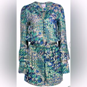 Parker Bohemian Metallic Floral & Sea Motif  Tiered Bell Sleeves Silk Mini Dress